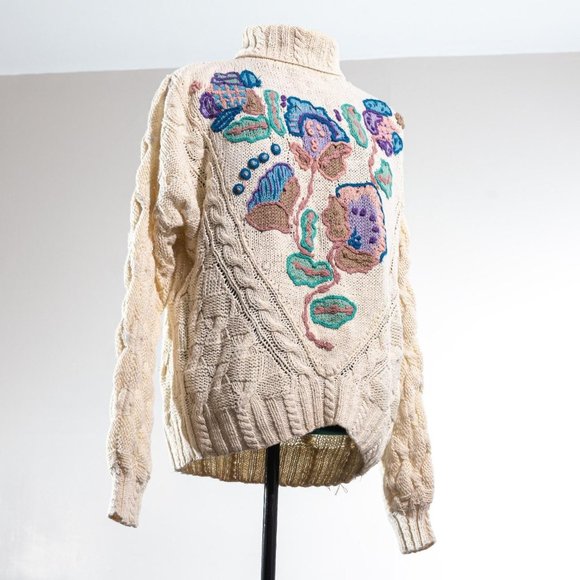 Vintage Cable Knit Sweater Turtleneck Ivory Floral Size 18/20 - Picture 1 of 3